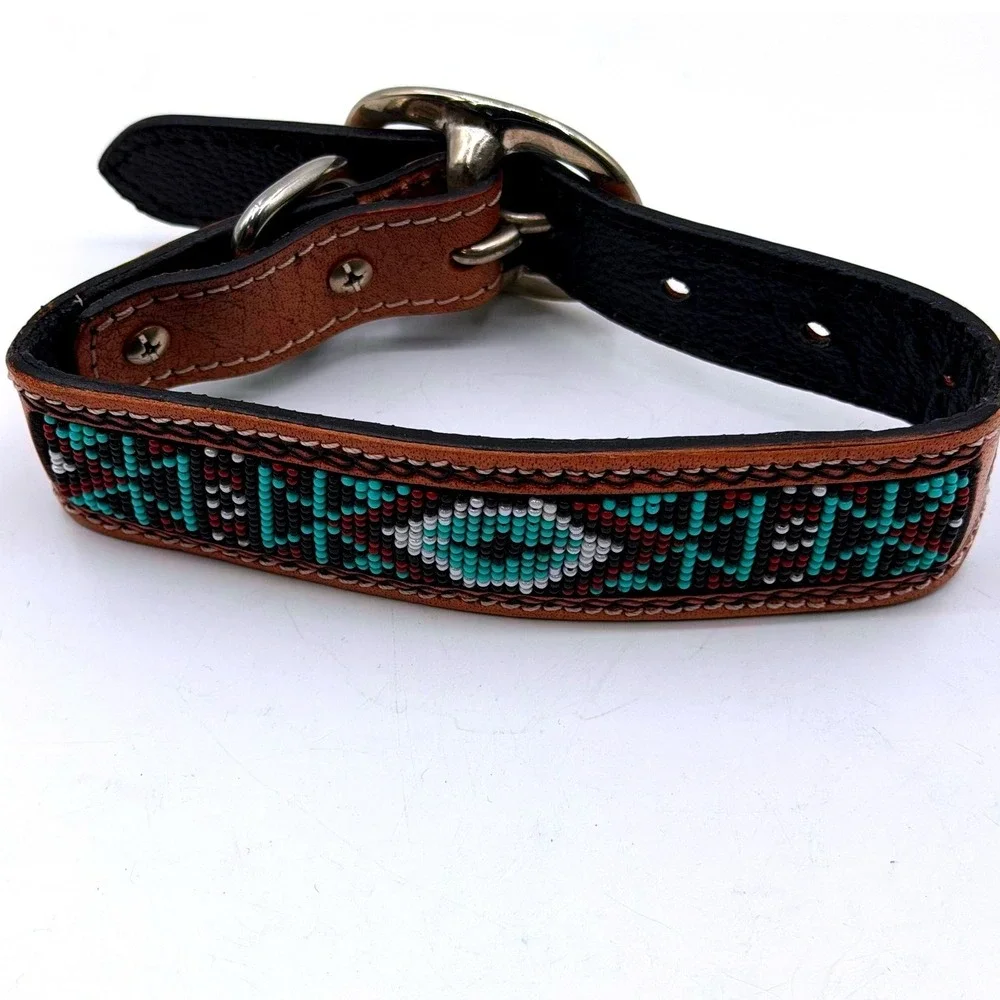 Myra Bag Leather Dog Collar Beaded Southwestern Turquoise Tan Small